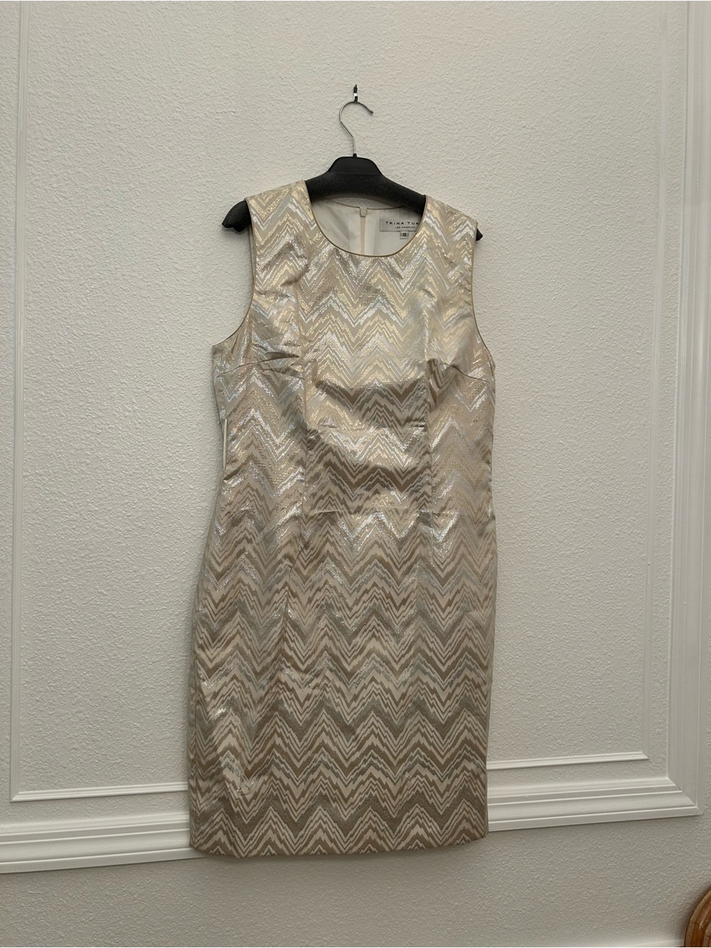 Trina Turk Metallic Chevron Sheath Dress in Champagne and Gold